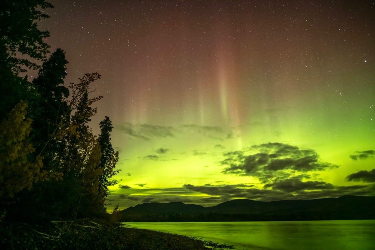 Green northern lights glow above a dark lake and forested hills under a starry sky.