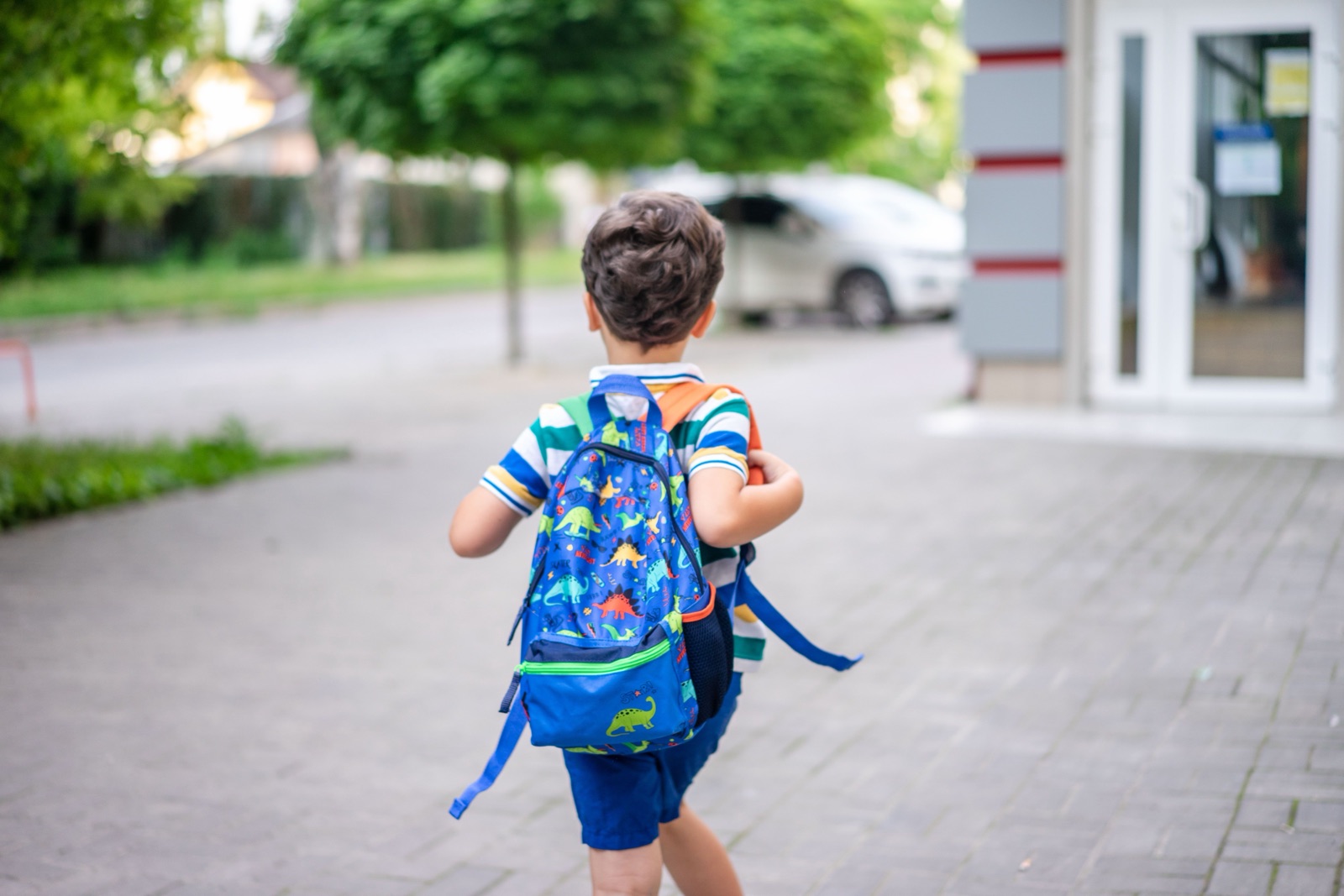 A young child wearing a dinosaur backpack, seen from behind, walks along a paved path.