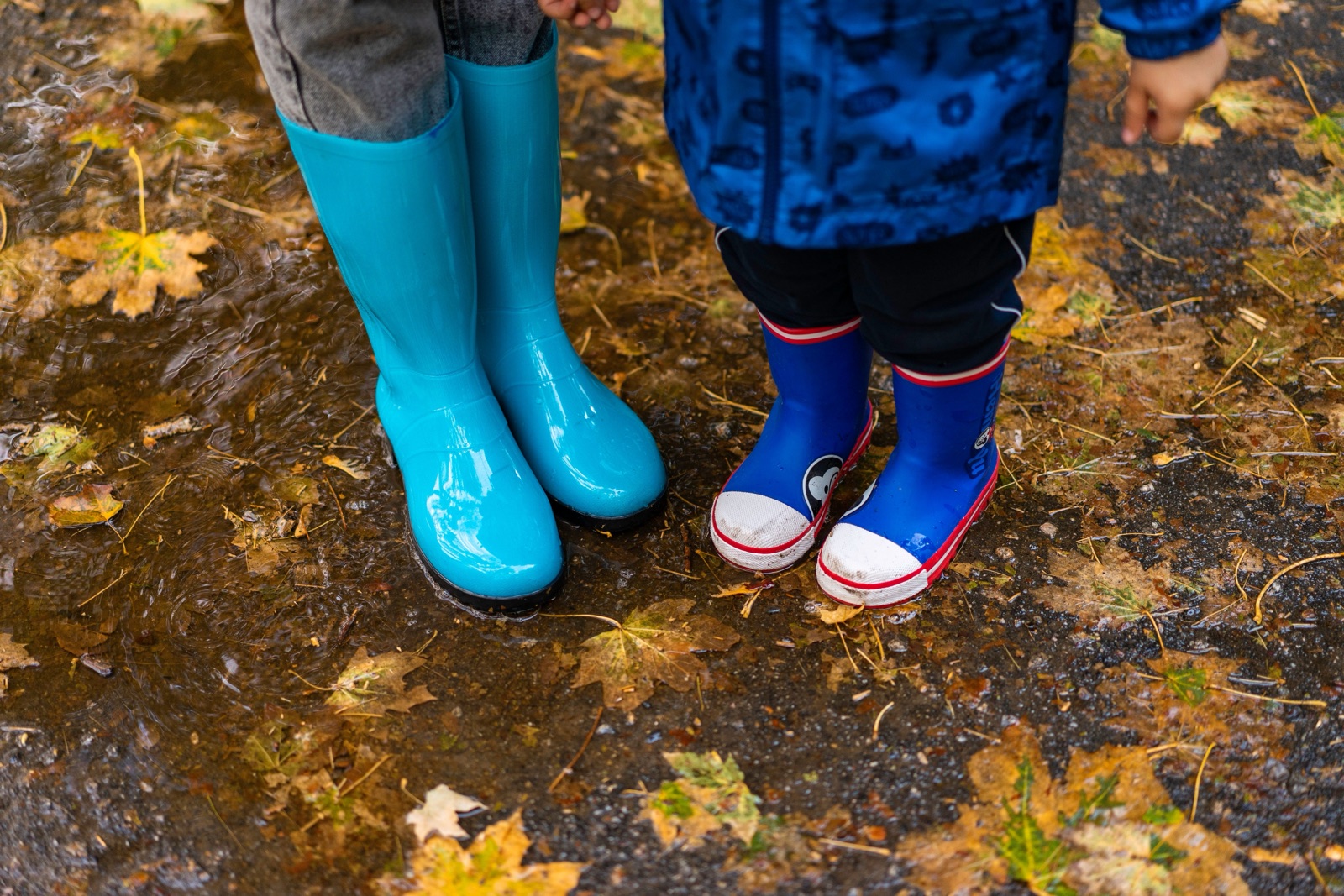 An adult in turquoise rain boots and a child in blue rain boots stand together on wet pavement scattered with autumn leaves.