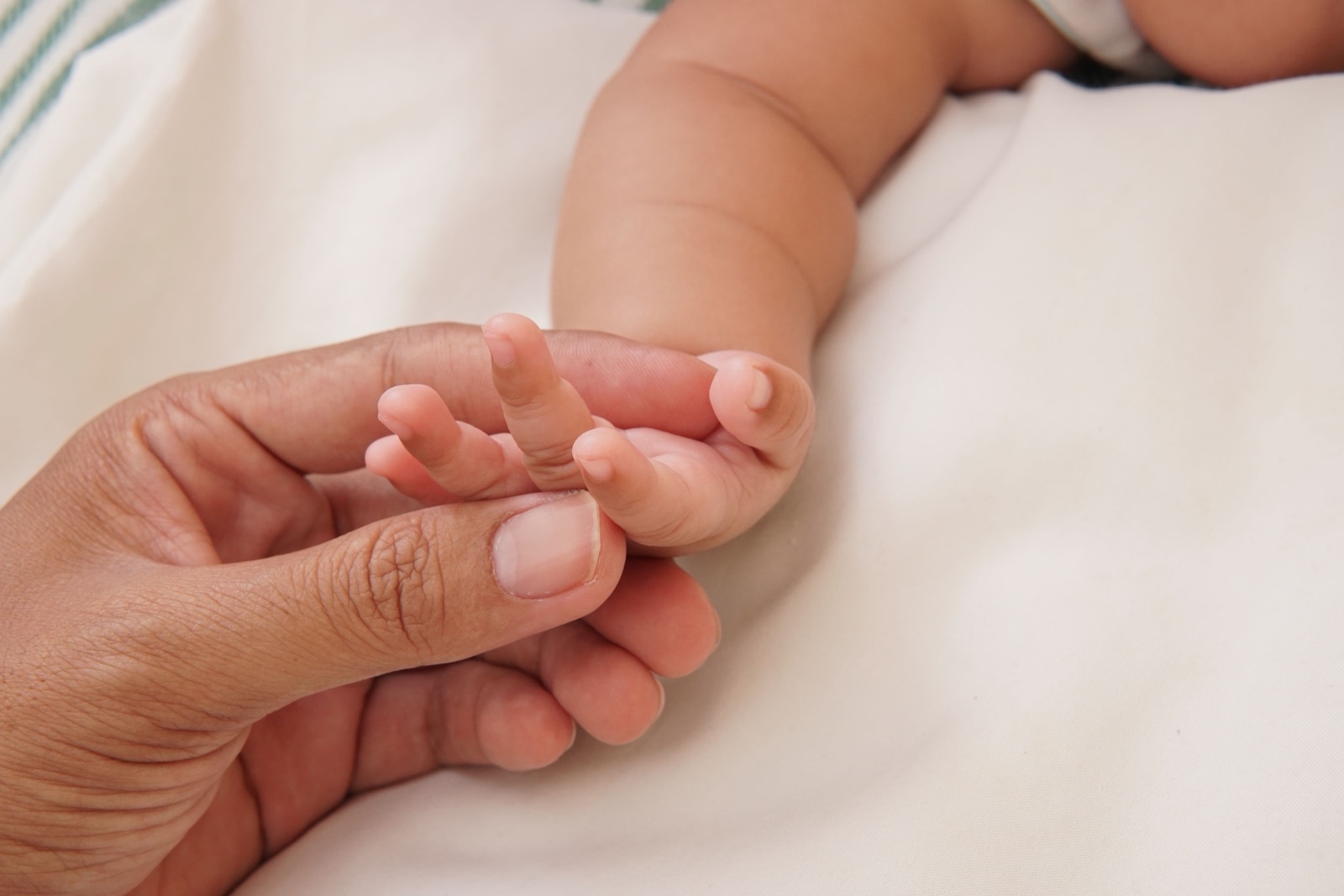 An adult's hand gently holds a baby's small hand on a white blanket.