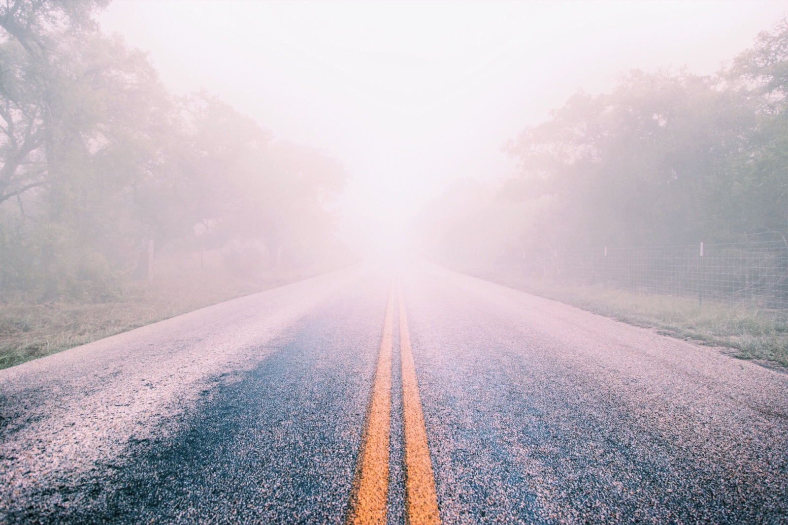 A paved road with a double yellow line runs straight into soft morning fog.