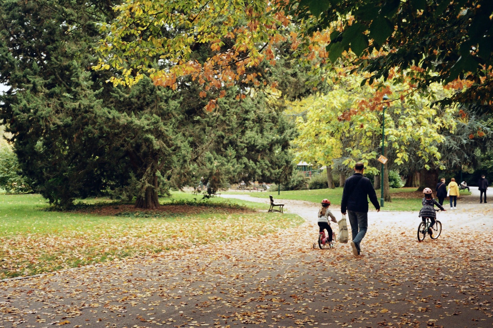 An adult walks with two children on small bikes along a leaf-covered park path in autumn.